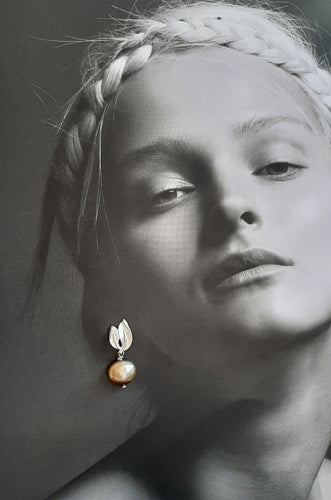 Olive - Green olive coin shaped freshwater pearl and silver-tone leaf drop stud earrings