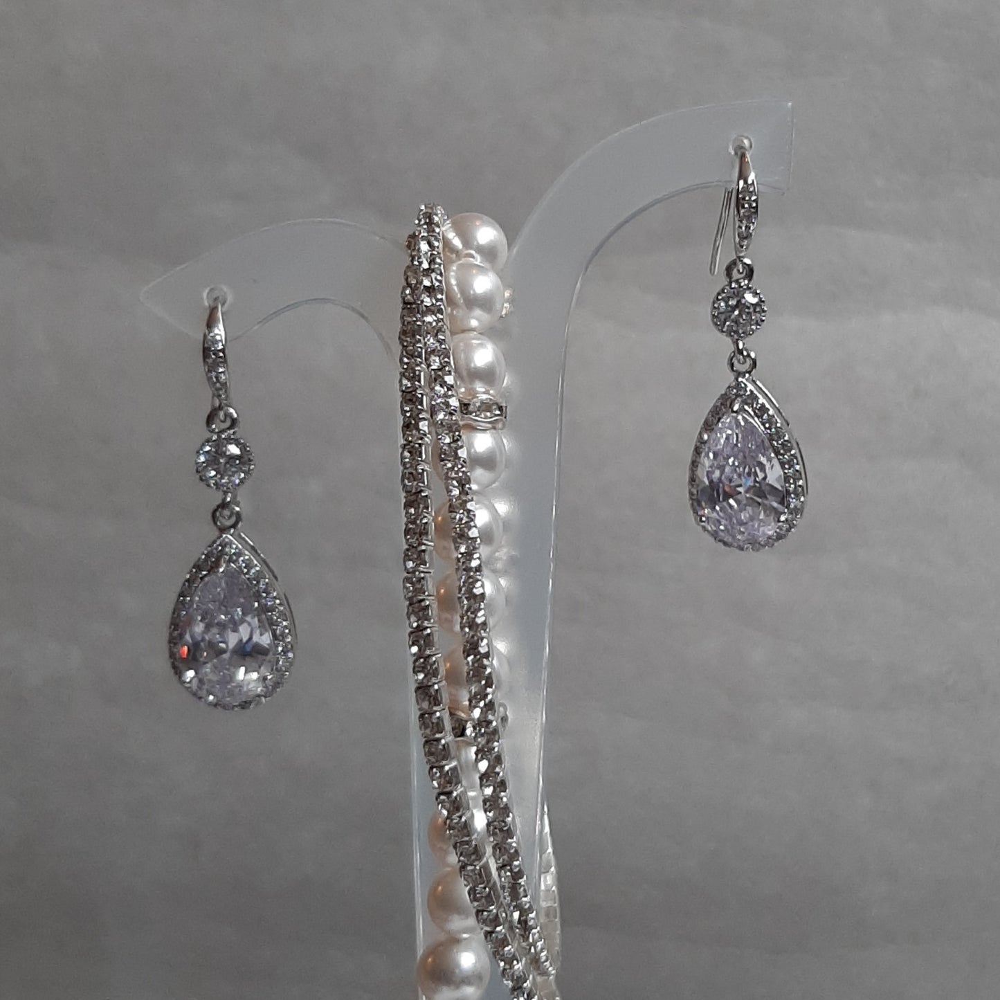 White Swarovski crystal pearls, rhinestone rondelles and sterling silver clasp bracelet and earring SET