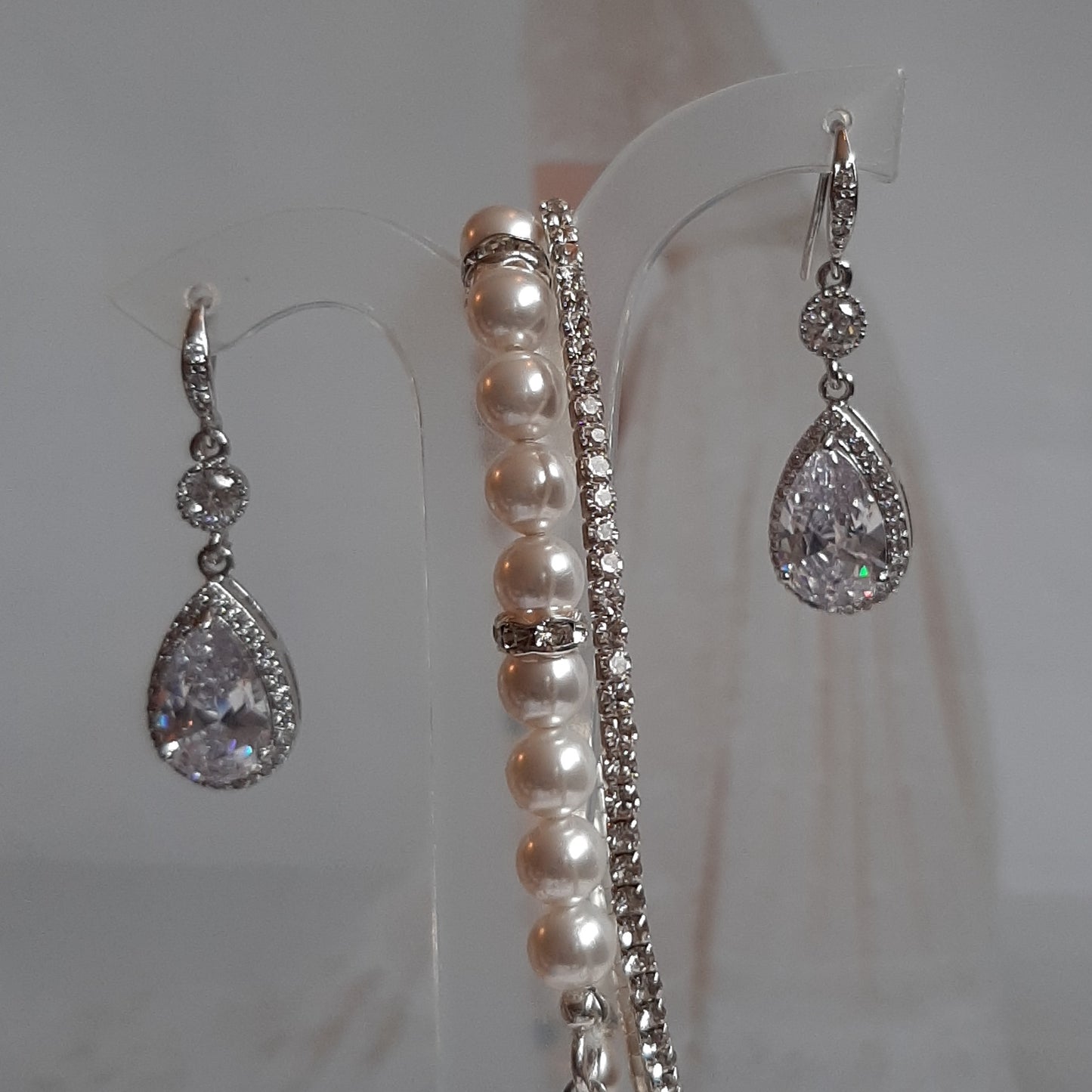 White Swarovski crystal pearls, rhinestone rondelles and sterling silver clasp bracelet and earring SET