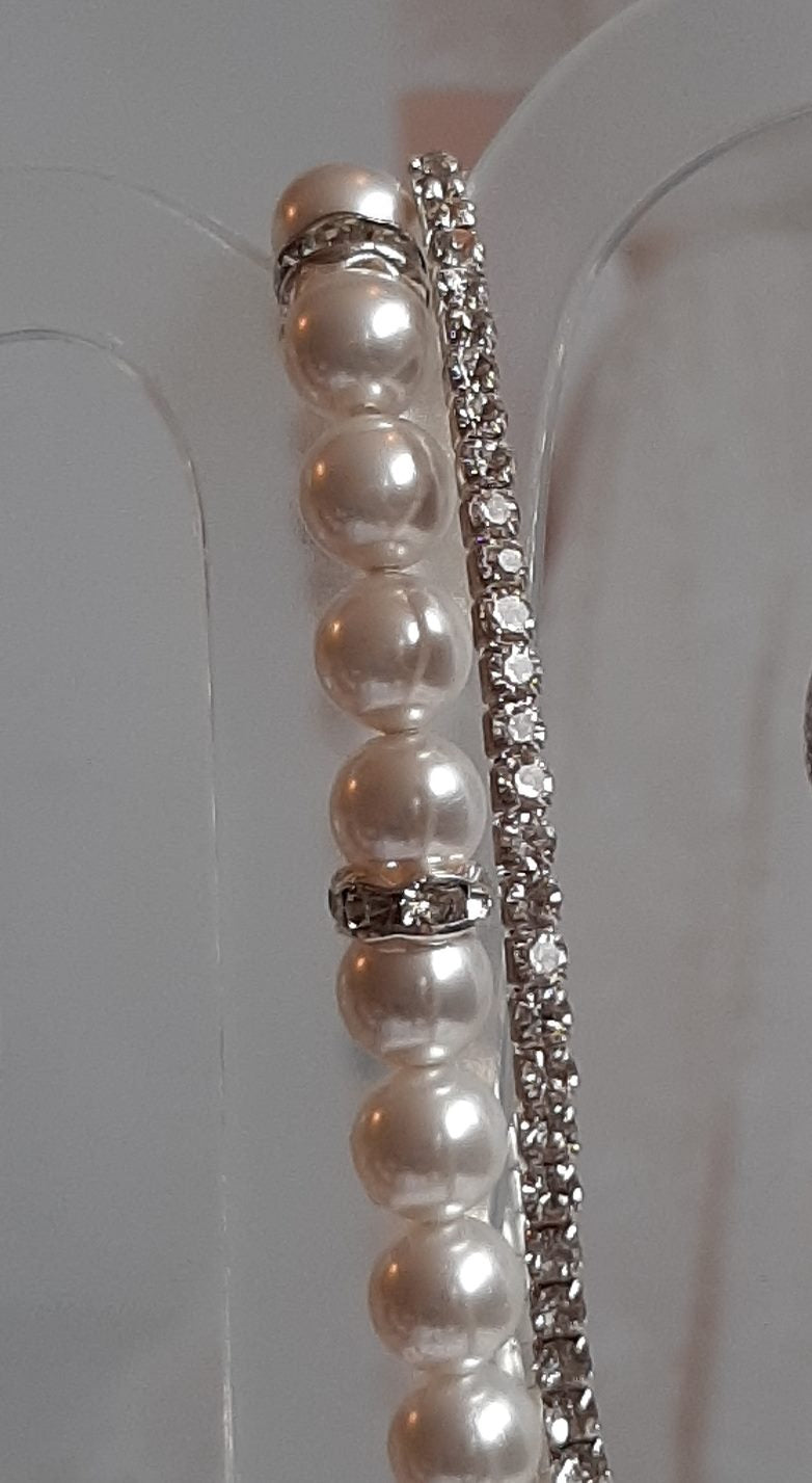 White Swarovski crystal pearls, rhinestone rondelles and sterling silver clasp bracelet and earring SET