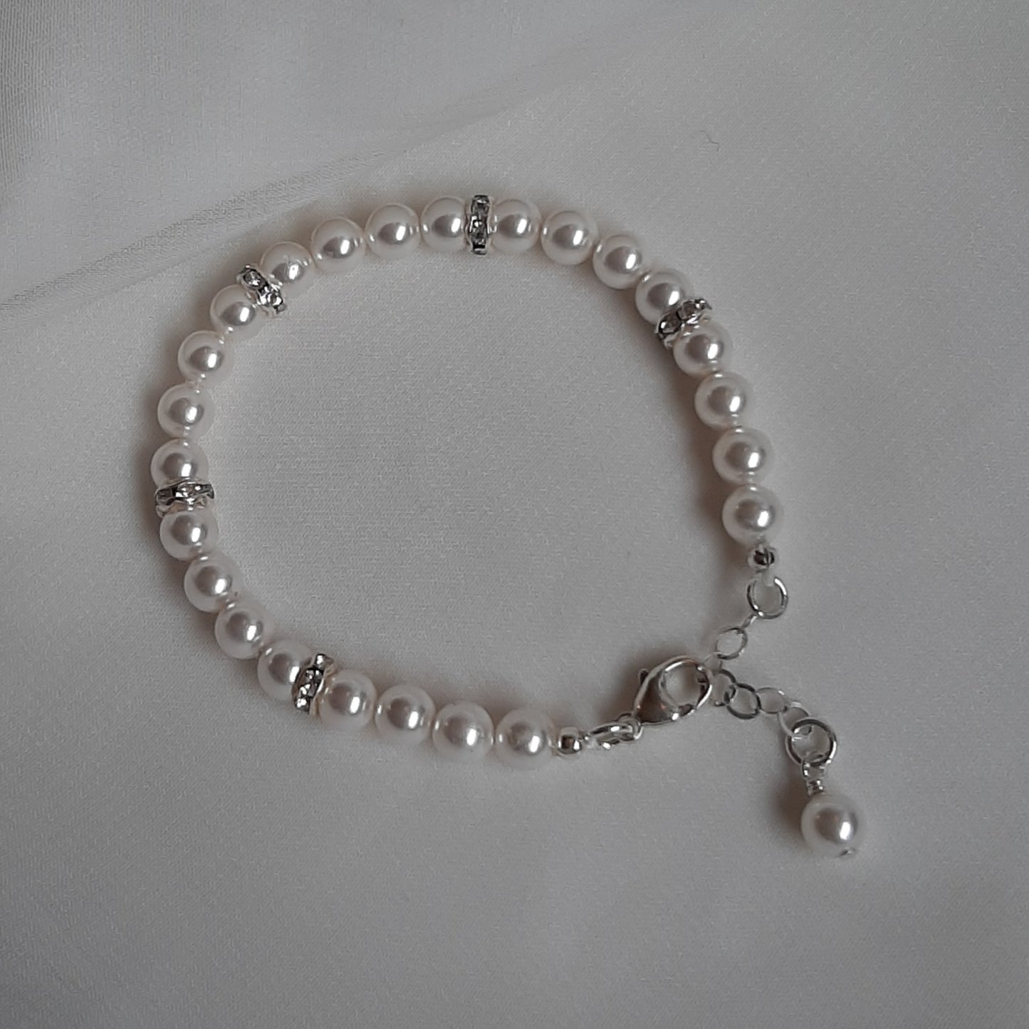 White Swarovski crystal pearls, rhinestone rondelles and sterling silver clasp bracelet and earring SET