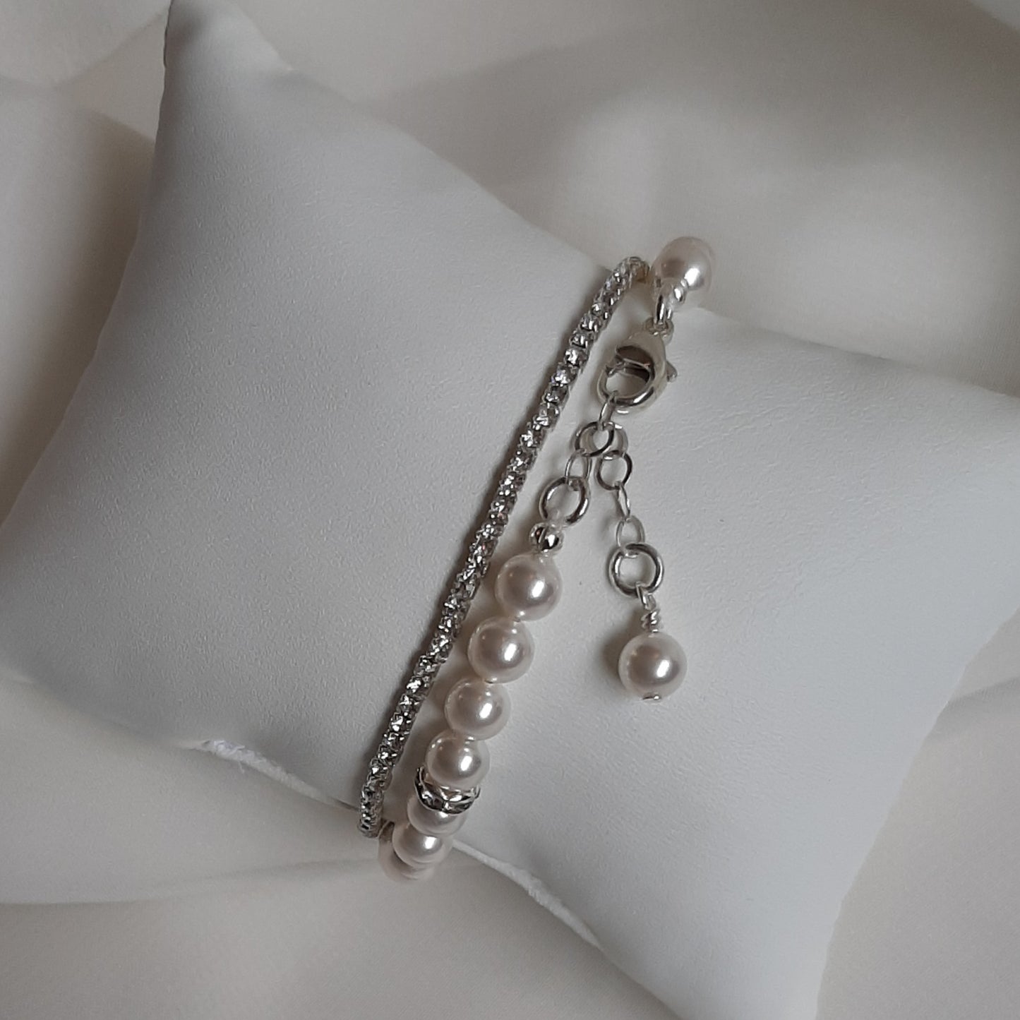 White Swarovski crystal pearls, rhinestone rondelles and sterling silver clasp bracelet and earring SET