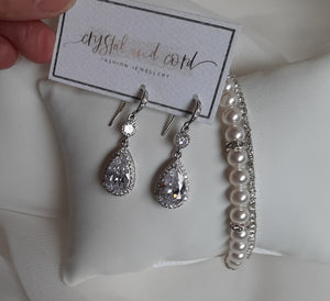 White Swarovski crystal pearls, rhinestone rondelles and sterling silver clasp bracelet and earring SET