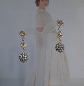Divina - silver and crystal clear pave ball and Swarovski rhinestones drop stud earrings