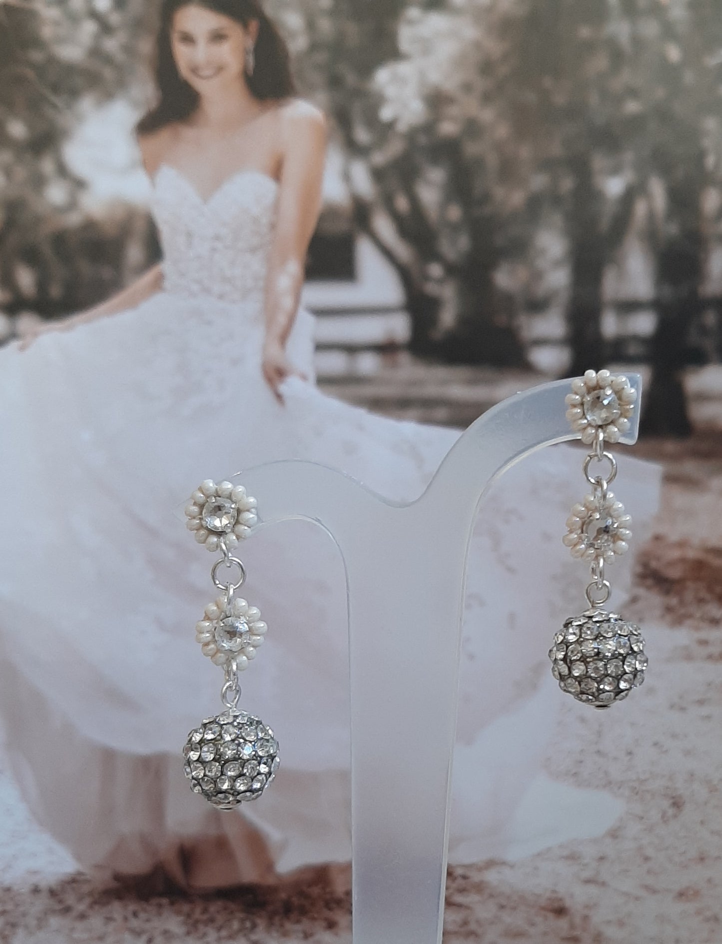 Divina - silver and crystal clear pave ball and Swarovski rhinestones drop stud earrings