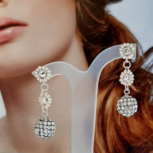 Divina - silver and crystal clear pave ball and Swarovski rhinestones drop stud earrings