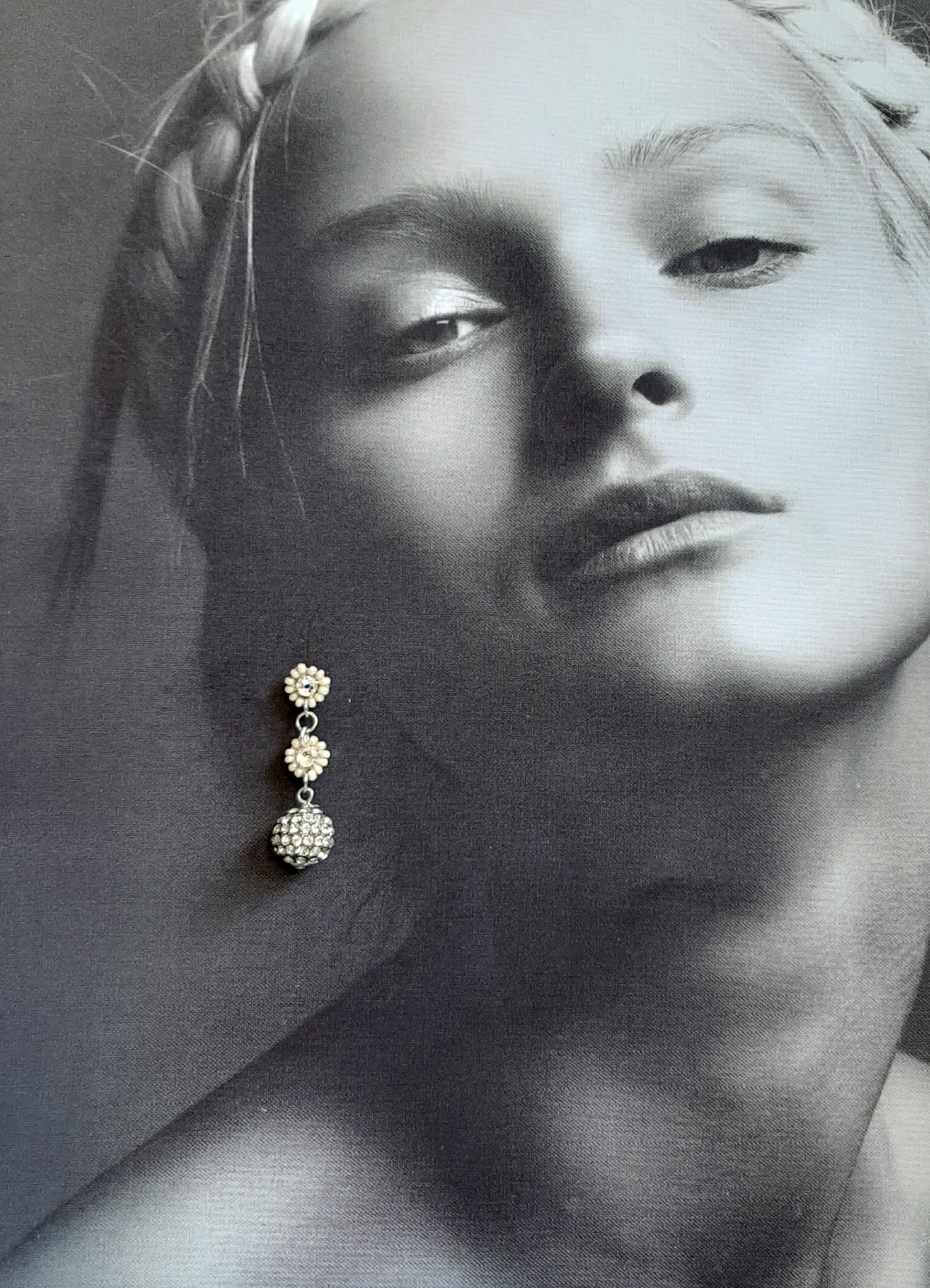 Silver and crystal clear pave ball and Swarovski rhinestones drop stud earrings