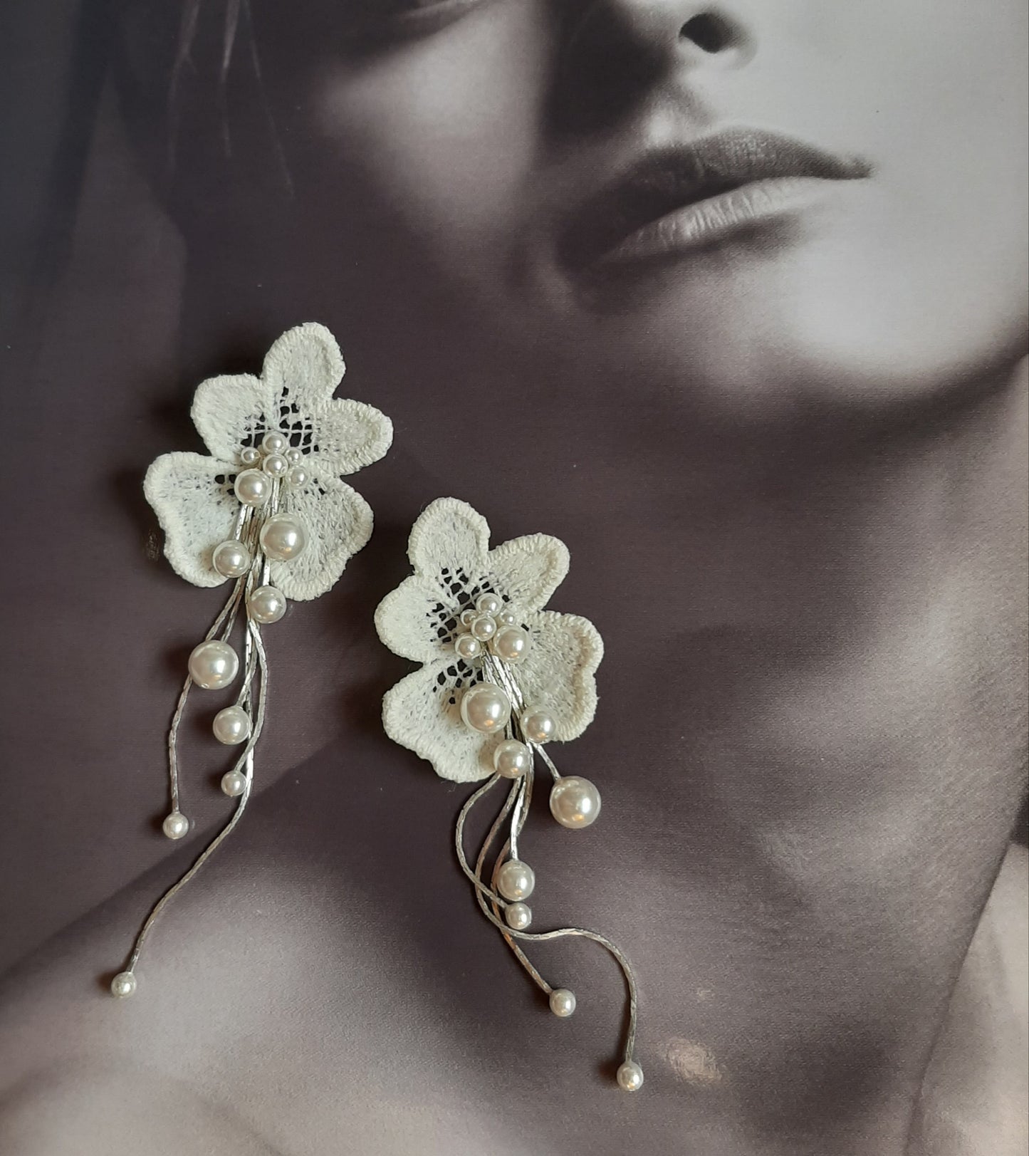 Katharina - crystal pearls long cascading orchid shaped flower stud earrings