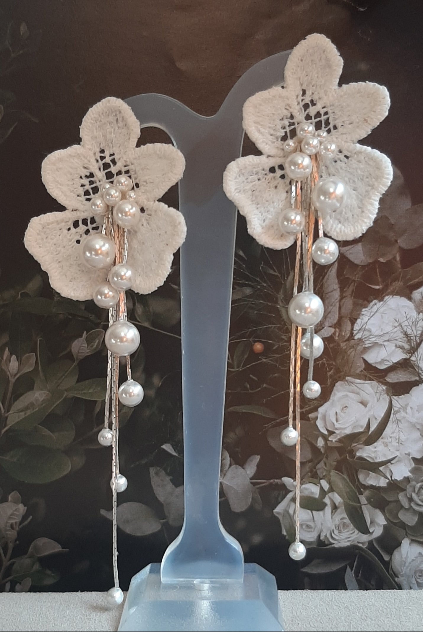 Katharina - crystal pearls long cascading orchid shaped flower stud earrings