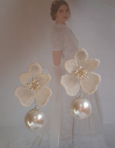 Nina - white ivory lace flower and Preciosa crystal pearls statement drop stud earrings