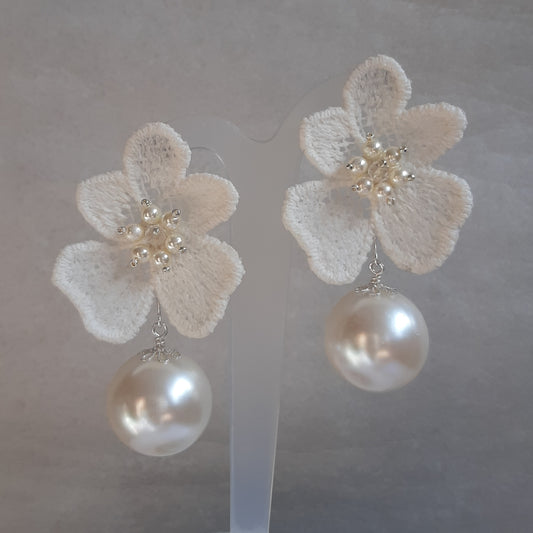 Nina - white ivory lace flower and Preciosa crystal pearls statement drop stud earrings