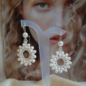 Pearls white cultured freshwater beaded hoop silver-tone earrings