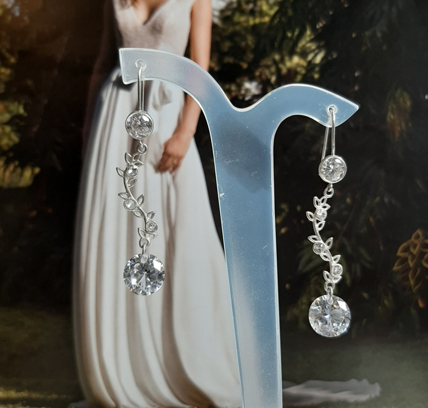 Ivy - Crystal clear Cubic Zirconia and sterling silver vine drop earrings