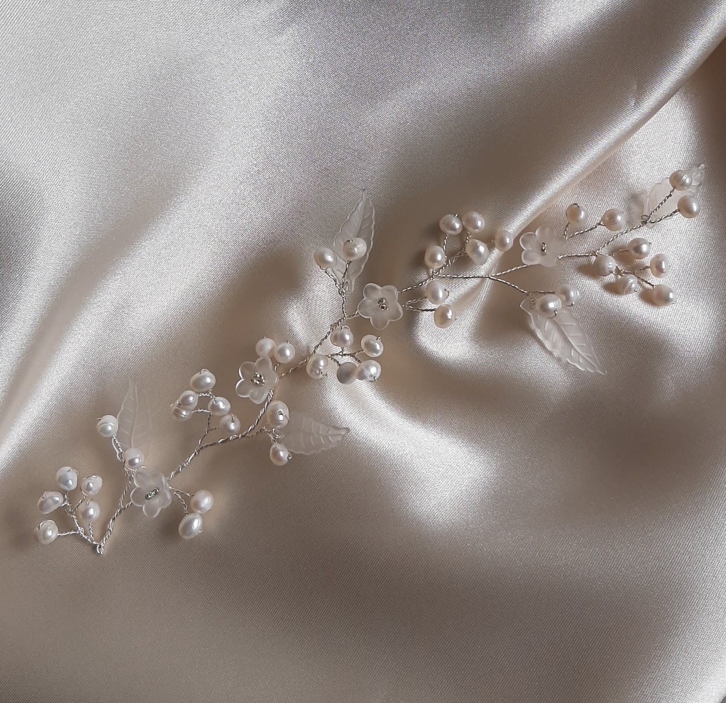 Charlotte  - freshwater pearls and frosted acrylic flowers and leaves hair vine x2 pieces