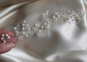 Charlotte  - freshwater pearls and frosted acrylic flowers and leaves hair vine x2 pieces