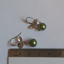 Load image into Gallery viewer, Rachel - faux pearl and small shiny silver-tone orchid shaped flower drop earrings