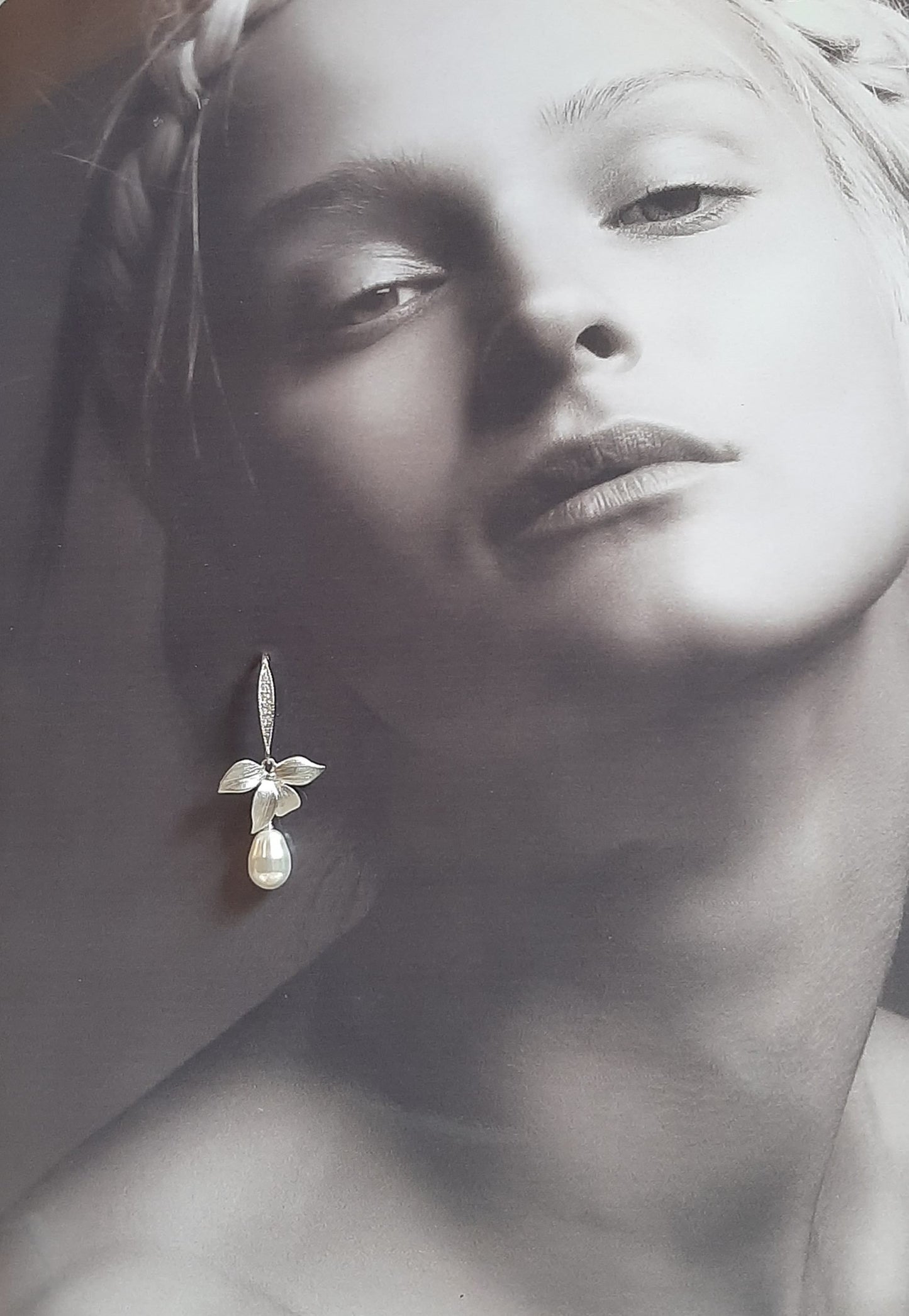 Liz - sterling silver earwires with or without cubic zironia's, orchid flower and pearl drop earrings