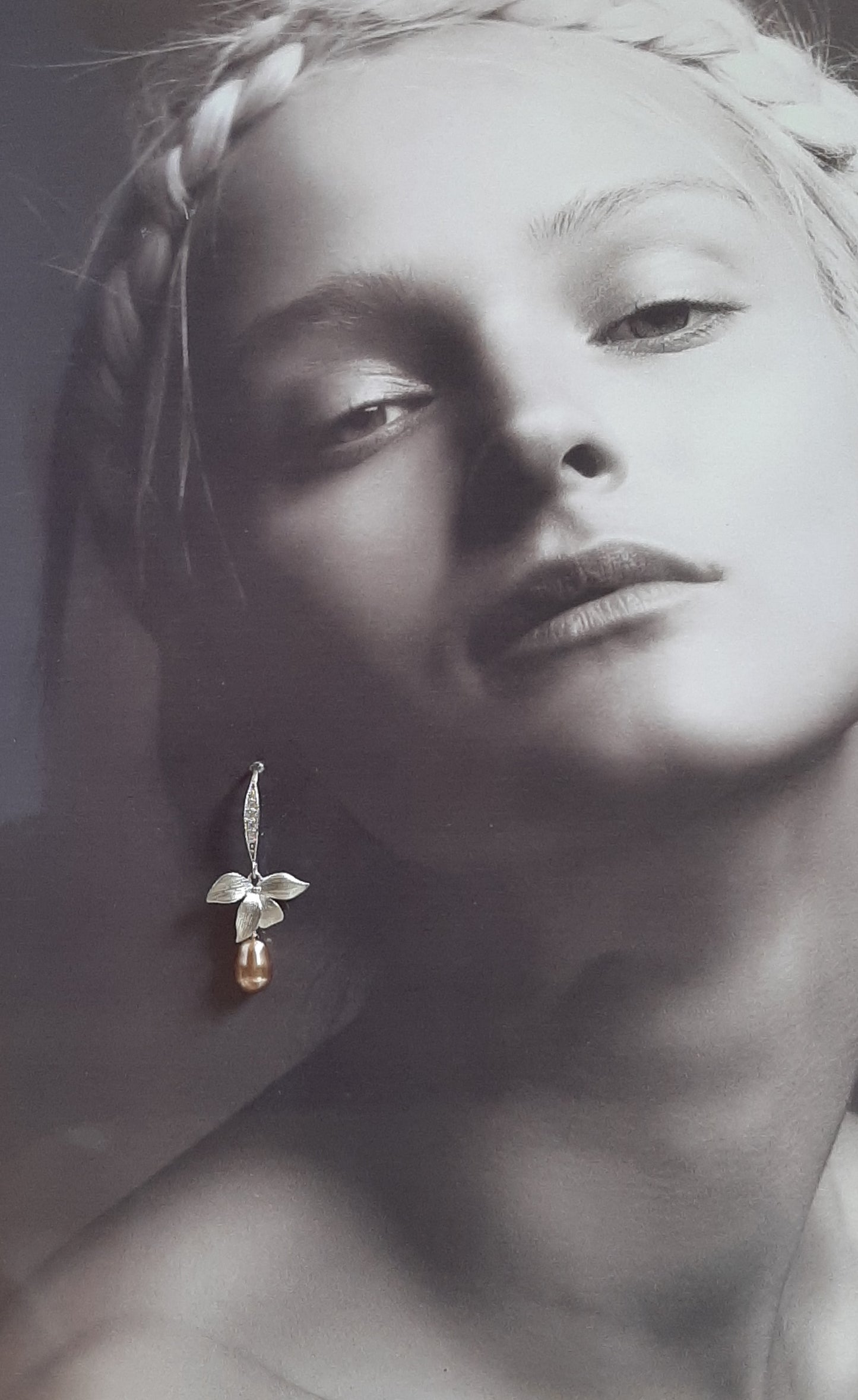 Liz - sterling silver earwires with or without cubic zironia's, orchid flower and pearl drop earrings