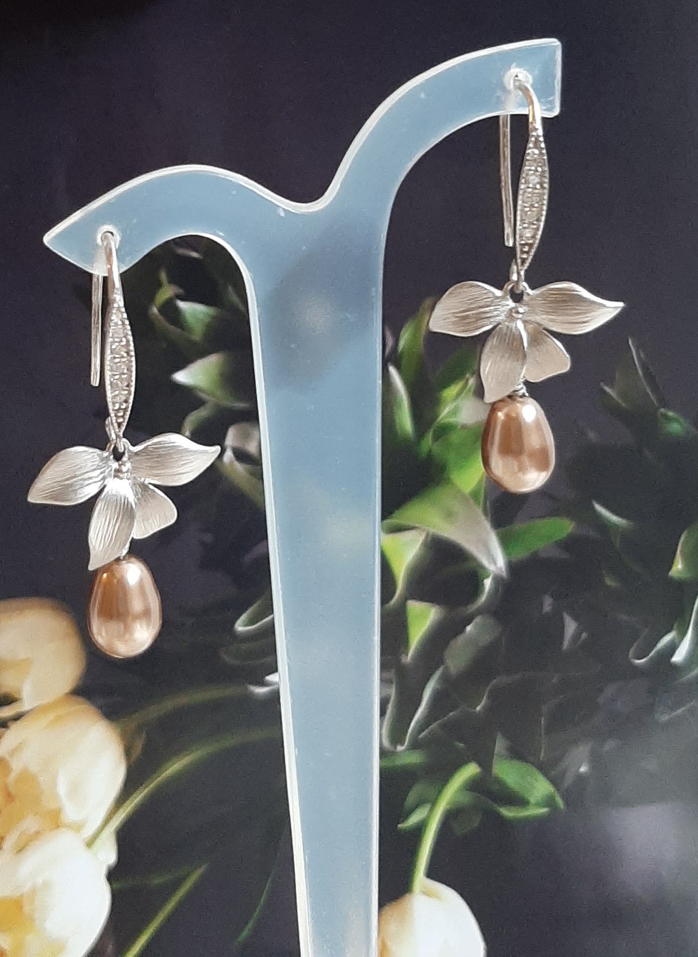 Liz - sterling silver earwires with or without cubic zironia's, orchid flower and pearl drop earrings