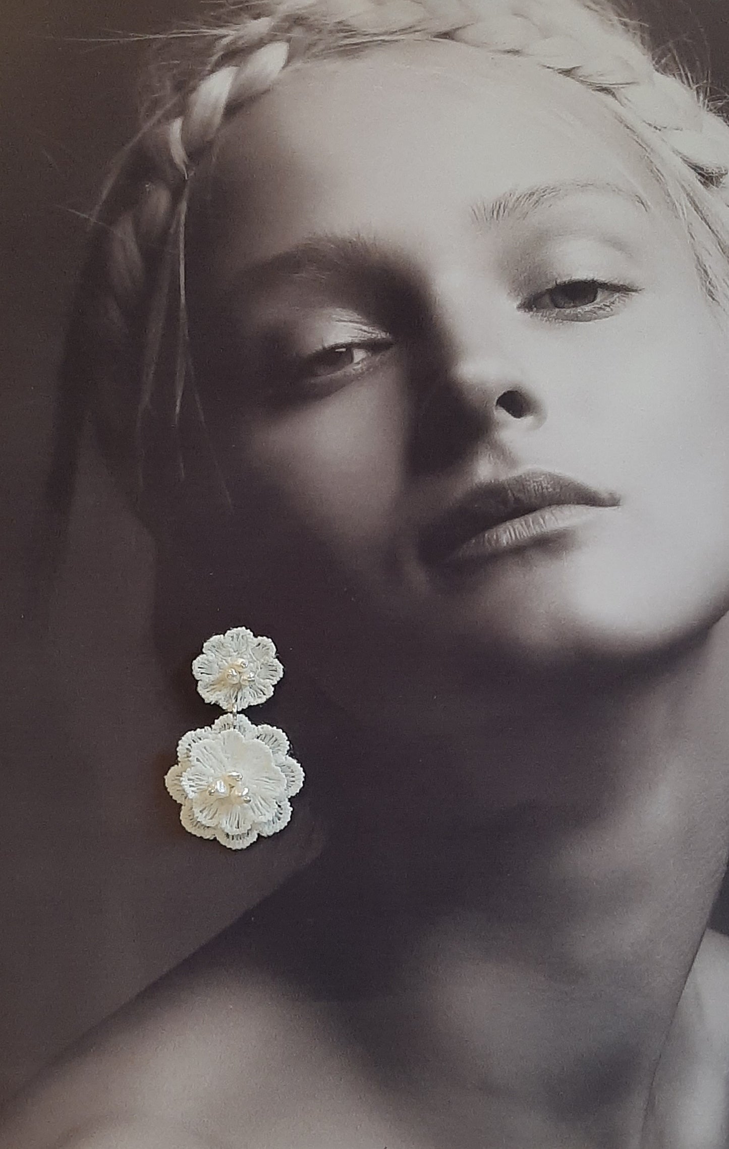 Milla - white lace and freshwater pearls flower drop stud earrings
