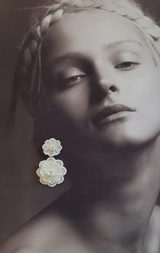 Milla - white lace and freshwater pearls flower drop stud earrings