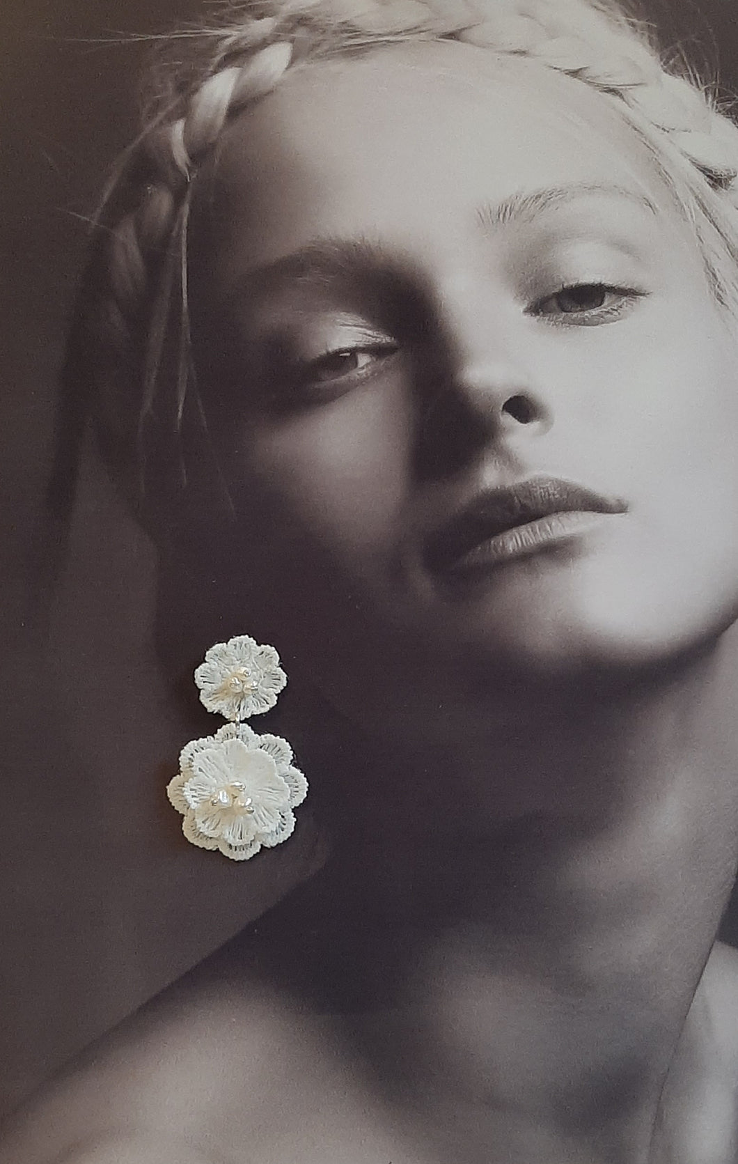 Milla - exclusive to All The While - white lace and freshwater pearls flower drop stud earrings