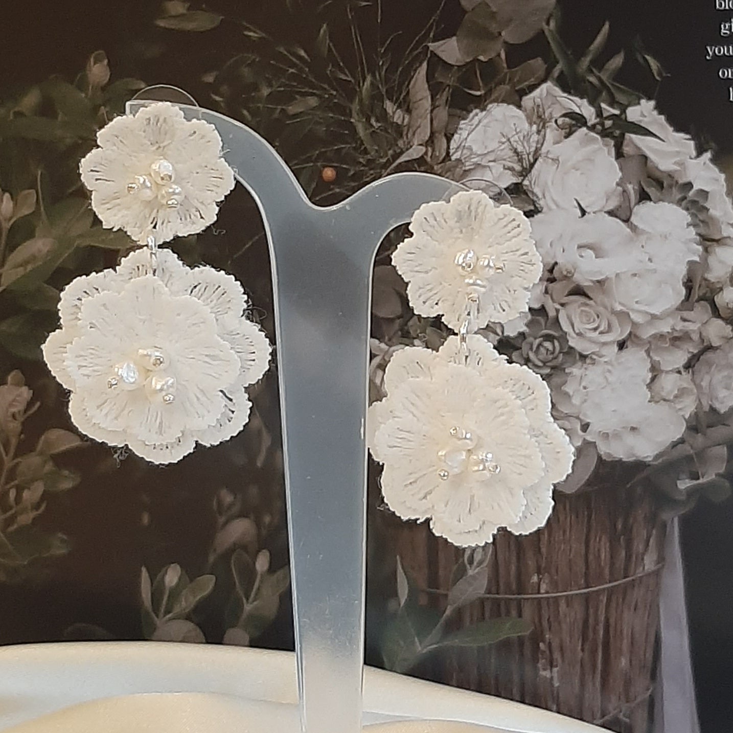 Milla - white lace and freshwater pearls flower drop stud earrings