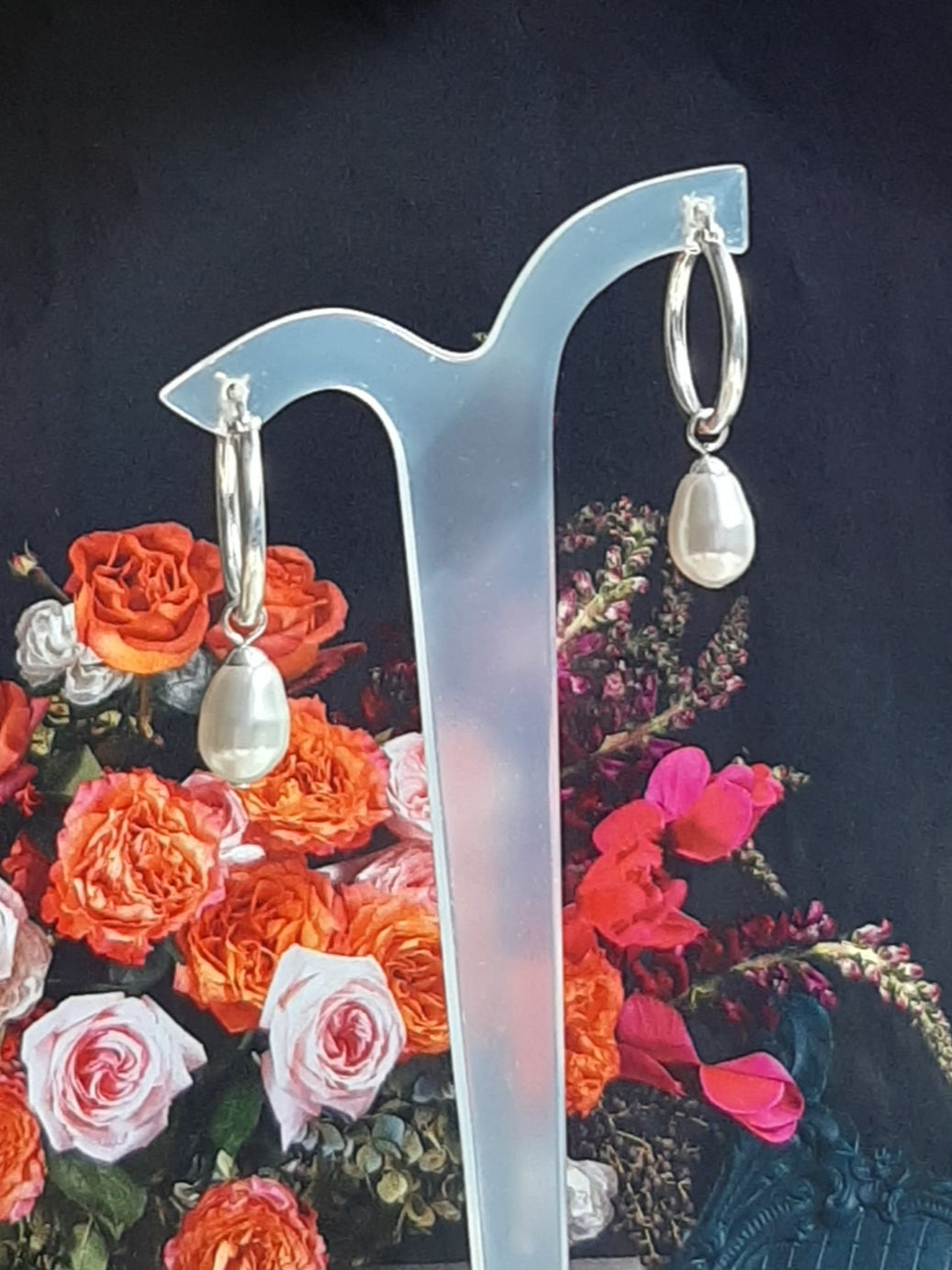 Swarovski crystal pear shaped pearl drop and 20mm sterling silver hoop earrings