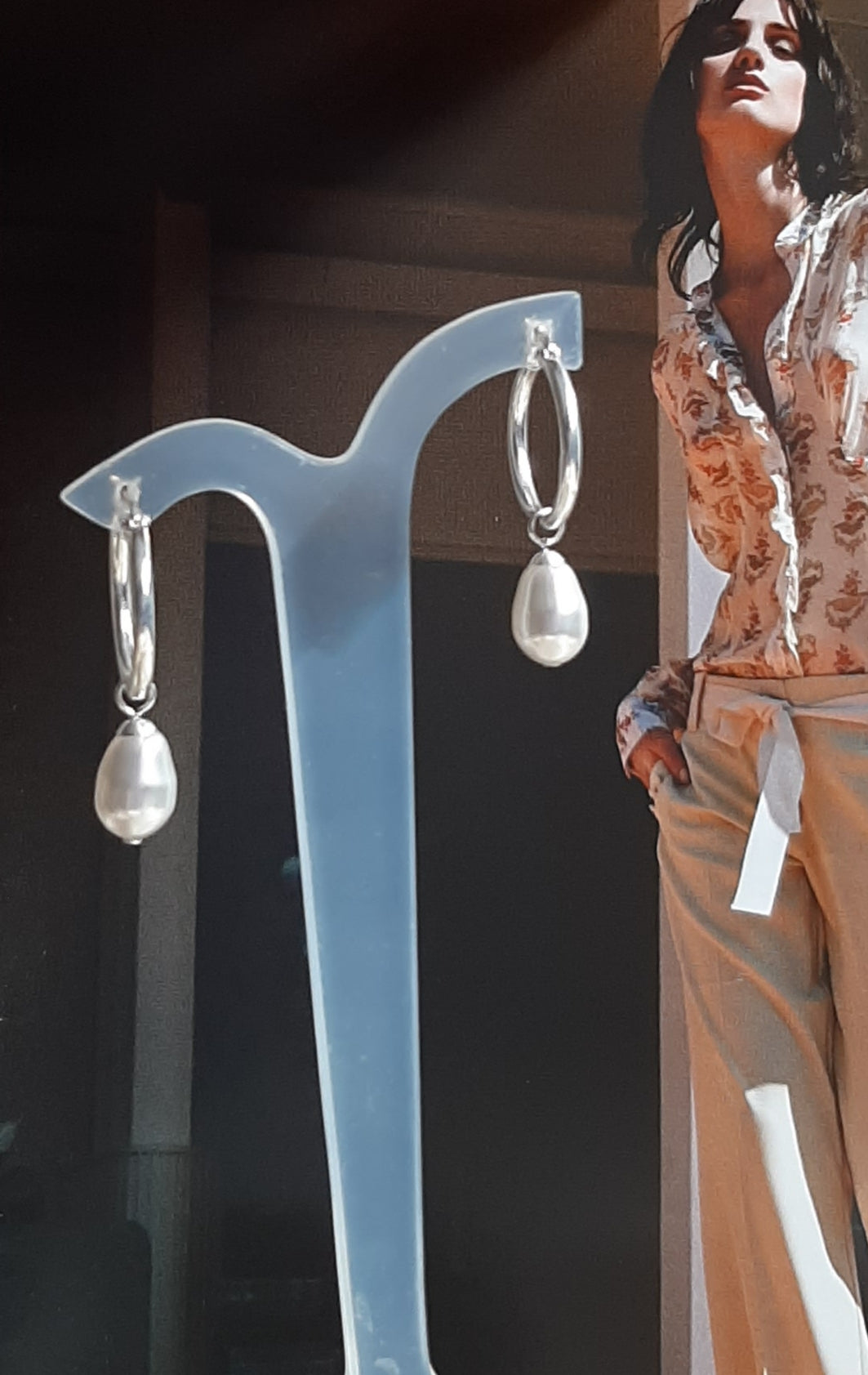 Swarovski crystal pear shaped pearl drop and 20mm sterling silver hoop earrings