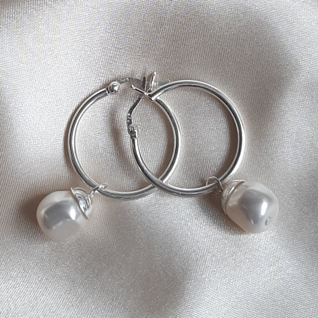 Megan - Swarovski crystal baroque pearl drop and 25mm sterling silver hoop earrings