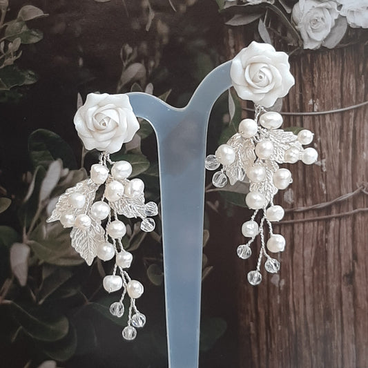 Rosalie - rose flower stud, freshwater pearls and crystal clear beaded cascading earrings