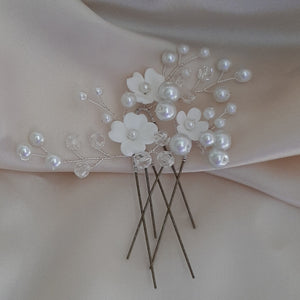 White flowers, glass bead pearls, and crystal clear faceted beads set of three hair pins