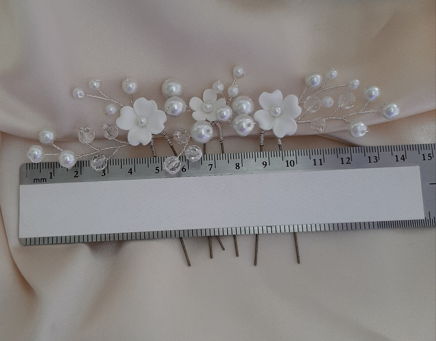 White flowers, glass bead pearls, and crystal clear faceted beads set of three hair pins