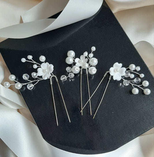 White flowers, glass bead pearls, and crystal clear faceted beads set of three hair pins