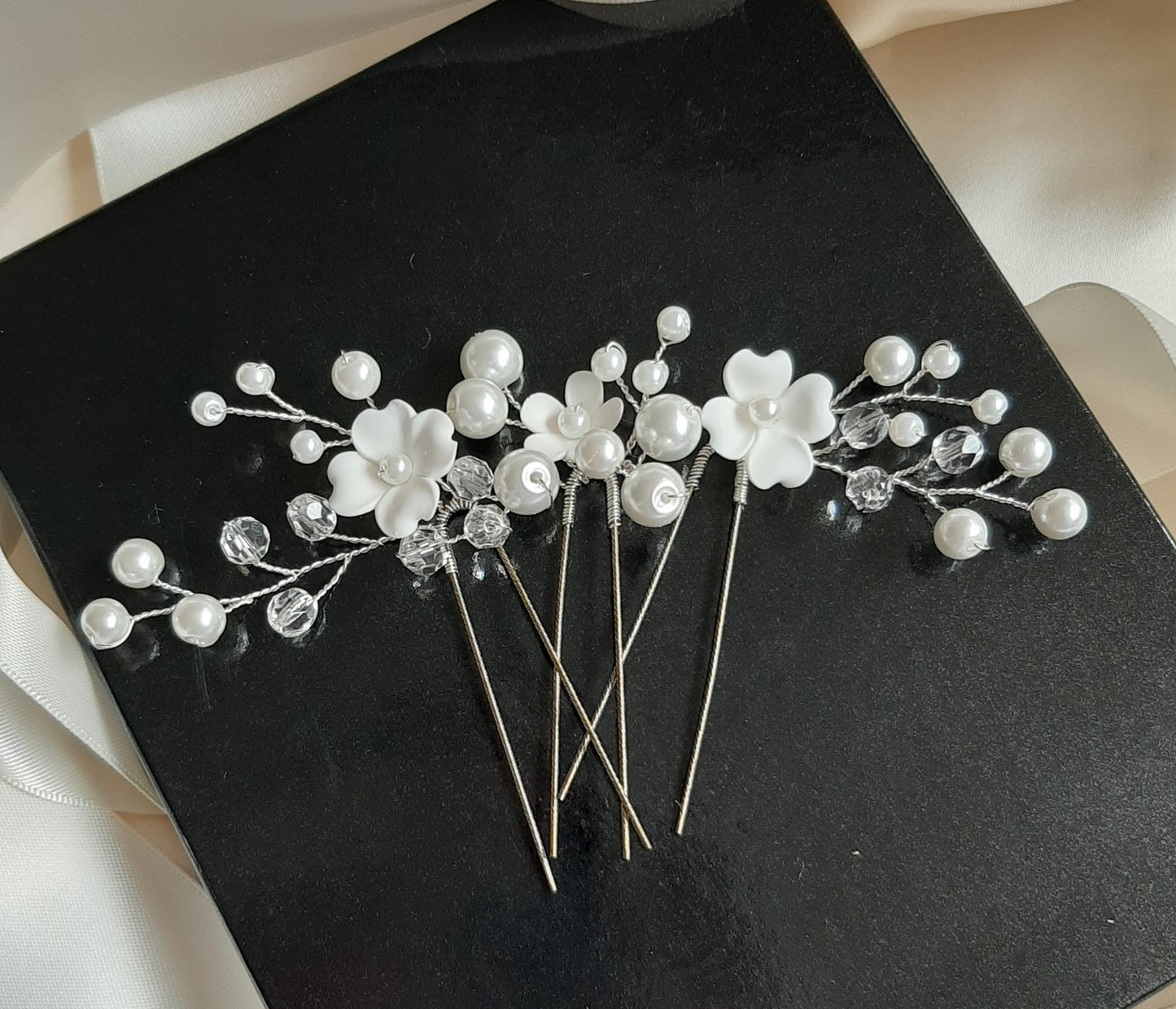 White flowers, glass bead pearls, and crystal clear faceted beads set of three hair pins