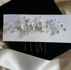 White flowers, glass bead pearls, and crystal clear faceted beads set of three hair pins