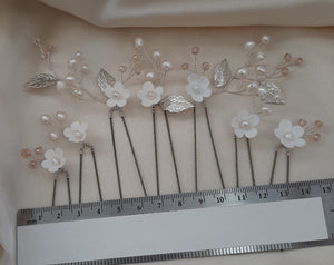 Marguerite - white polymer clay flowers with freshwater pearls and faceted beads HAIR PIN SETS