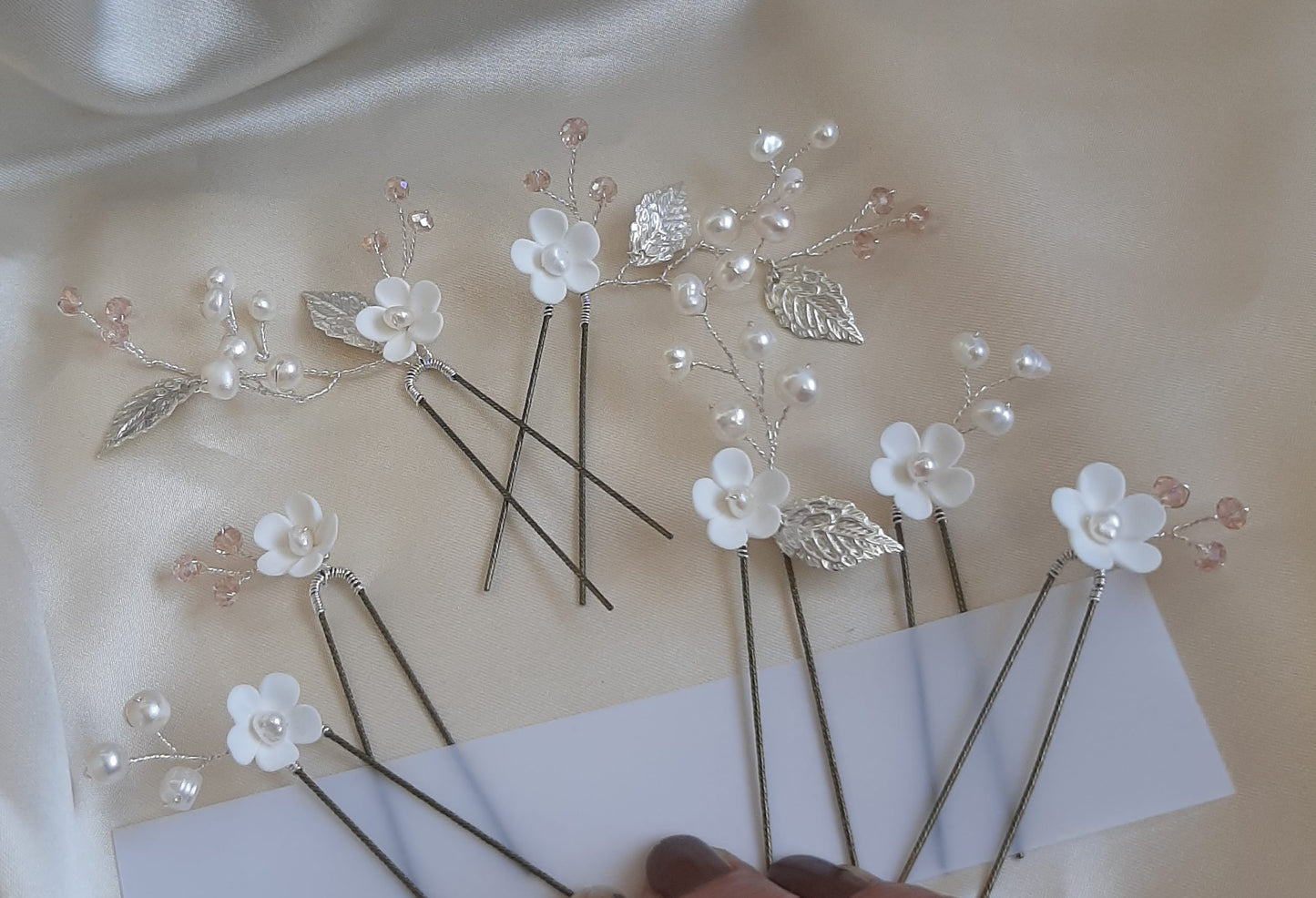 Marguerite - white polymer clay flowers with freshwater pearls and faceted beads HAIR PIN SETS