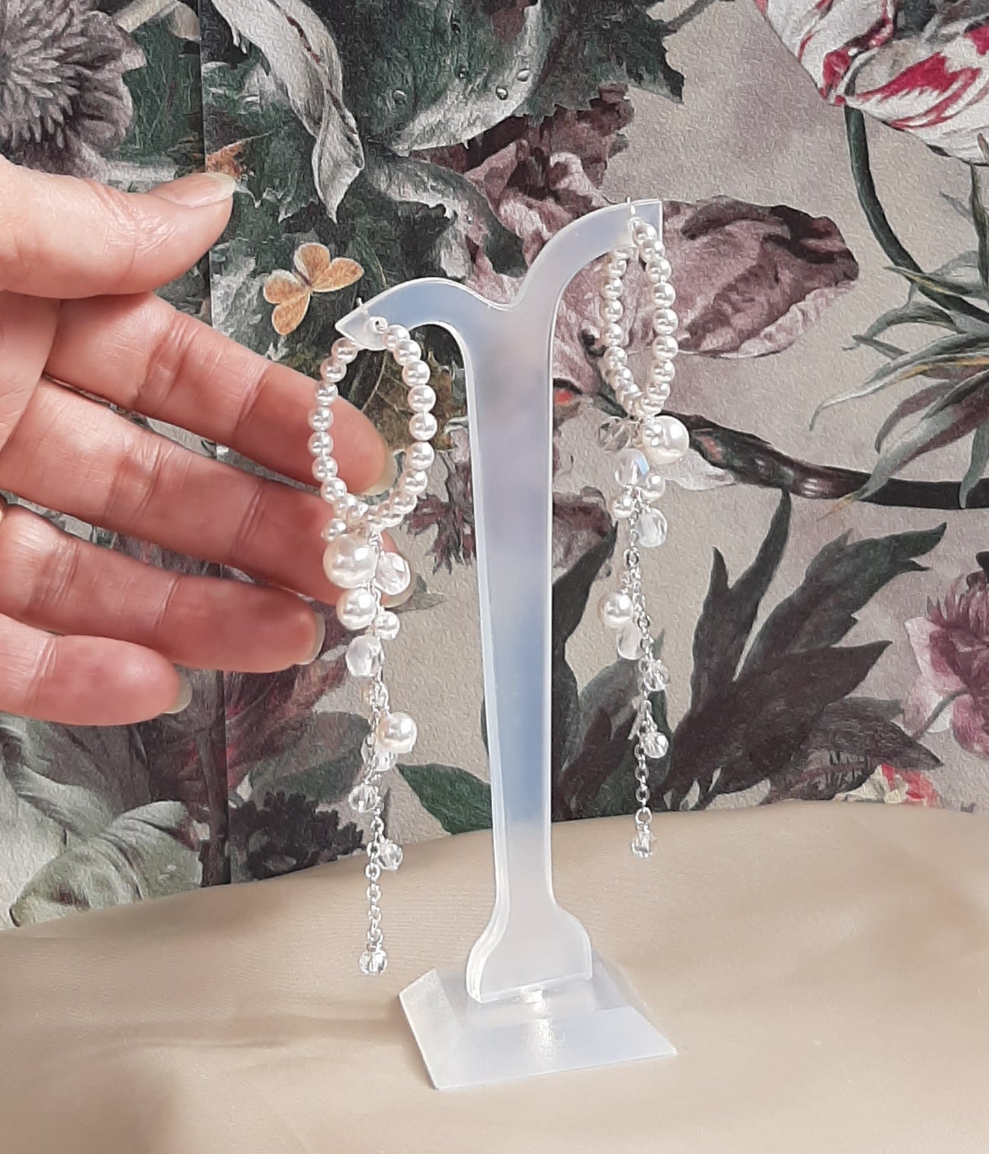 Dee - Swarovski crystal cascading pearls and 30mm sterling silver hoop earrings