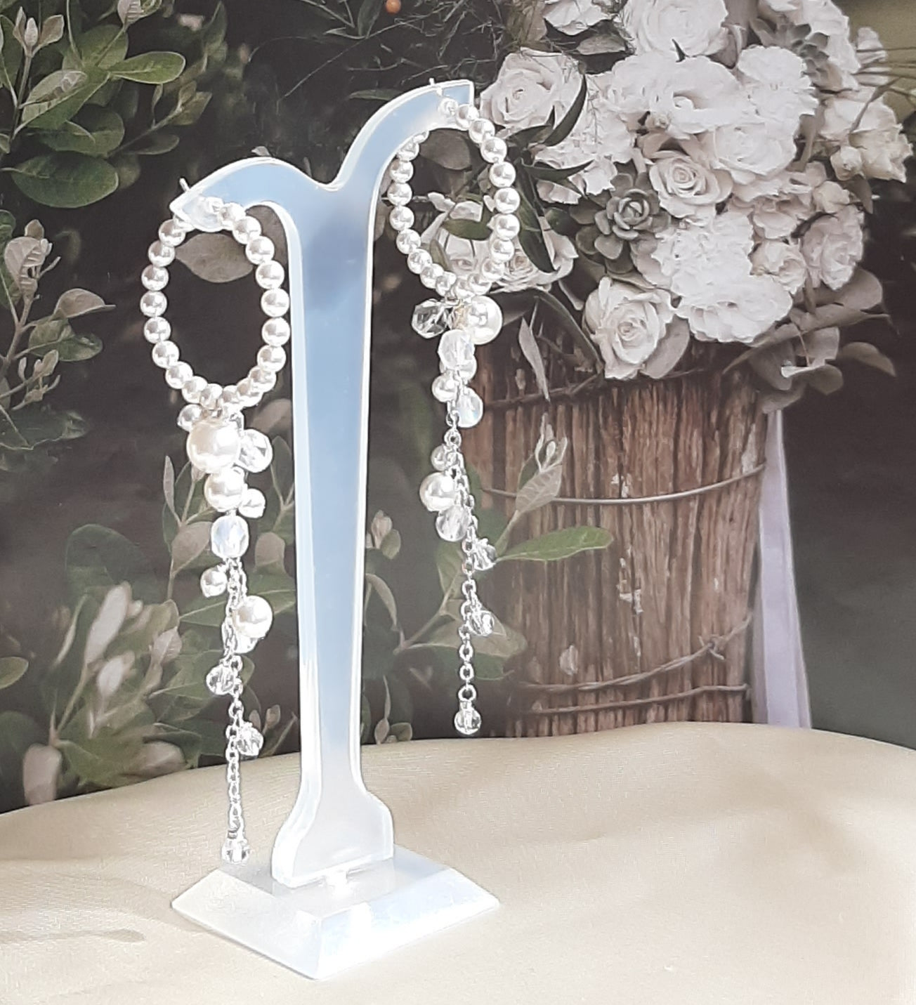 Dee - Swarovski crystal cascading pearls and 30mm sterling silver hoop earrings