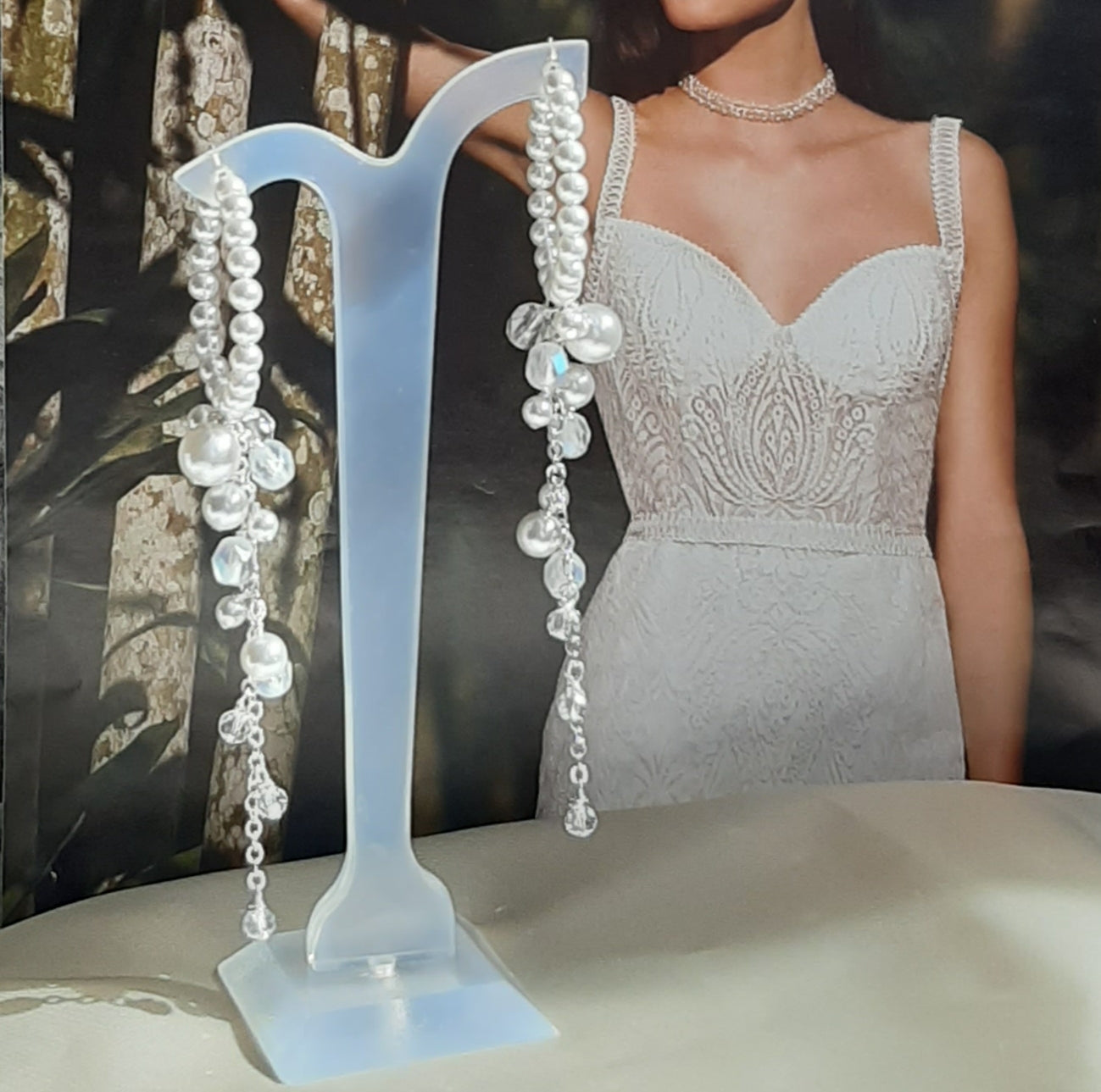 Dee - Swarovski crystal cascading pearls and 30mm sterling silver hoop earrings