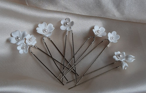 Blossom - white polymer clay flowers HAIR PIN SET of 6