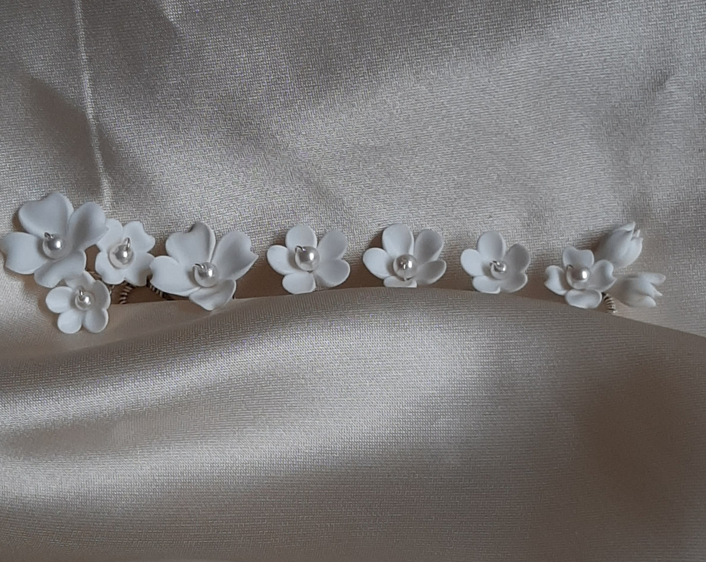 Blossom - white polymer clay flowers HAIR PIN SET of 6