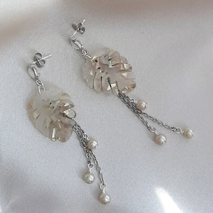Monstera leaf, cascading pearls and silver tone round glass bead drop stud earrings