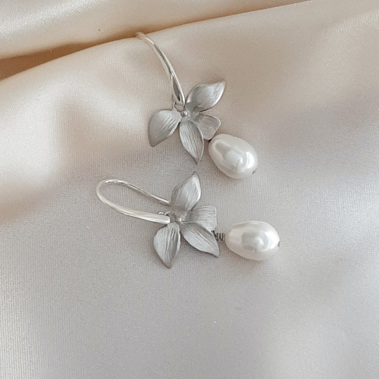 Liz - sterling silver earwires with or without cubic zironia's, orchid flower and pearl drop earrings