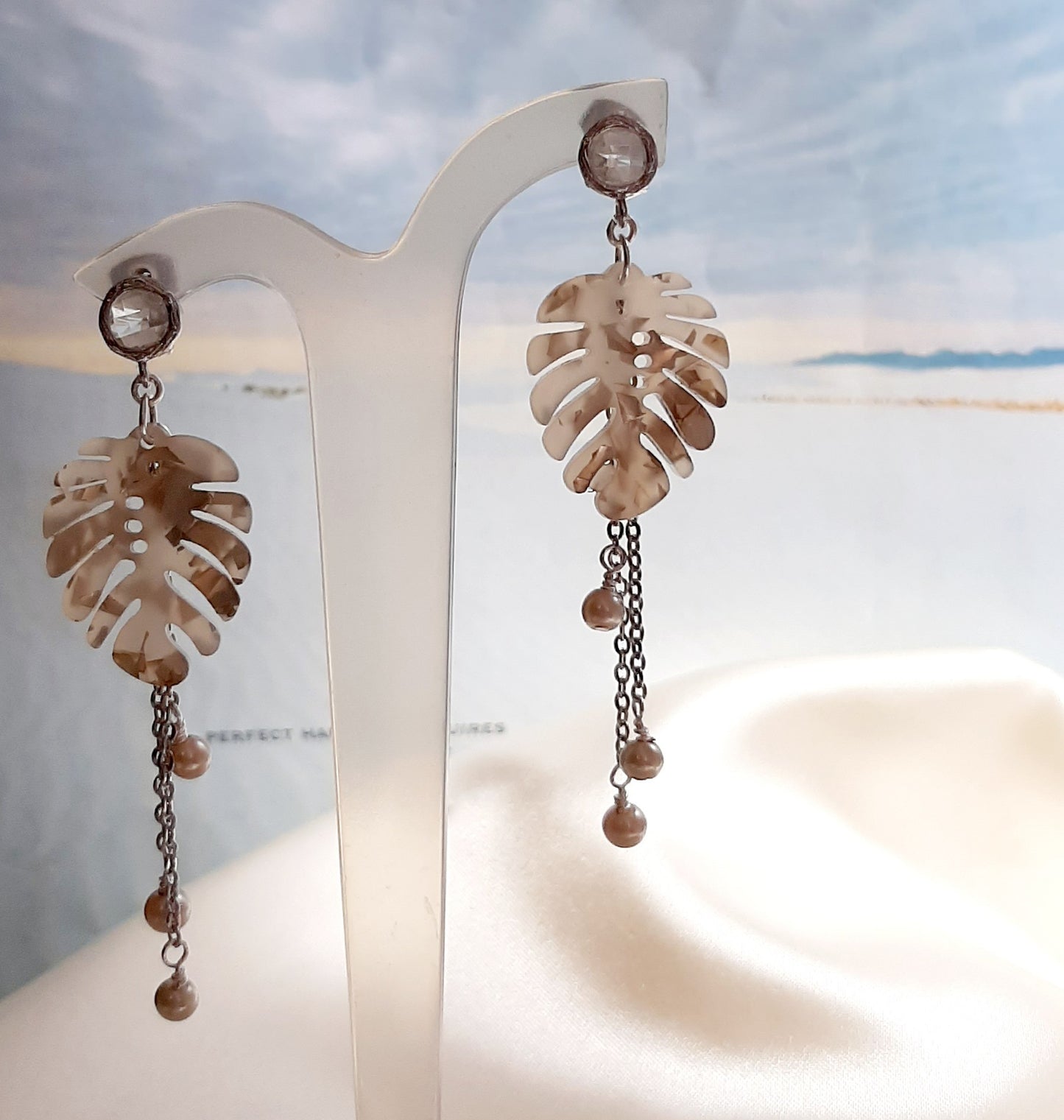 Monstera leaf, cascading pearls and silver tone round glass bead drop stud earrings