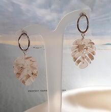 Load image into Gallery viewer, Monstera leaf and silver tone oval hoop drop stud earrings