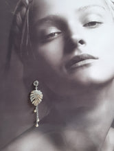 Load image into Gallery viewer, Monstera leaf, cascading pearls and silver tone round glass bead drop stud earrings