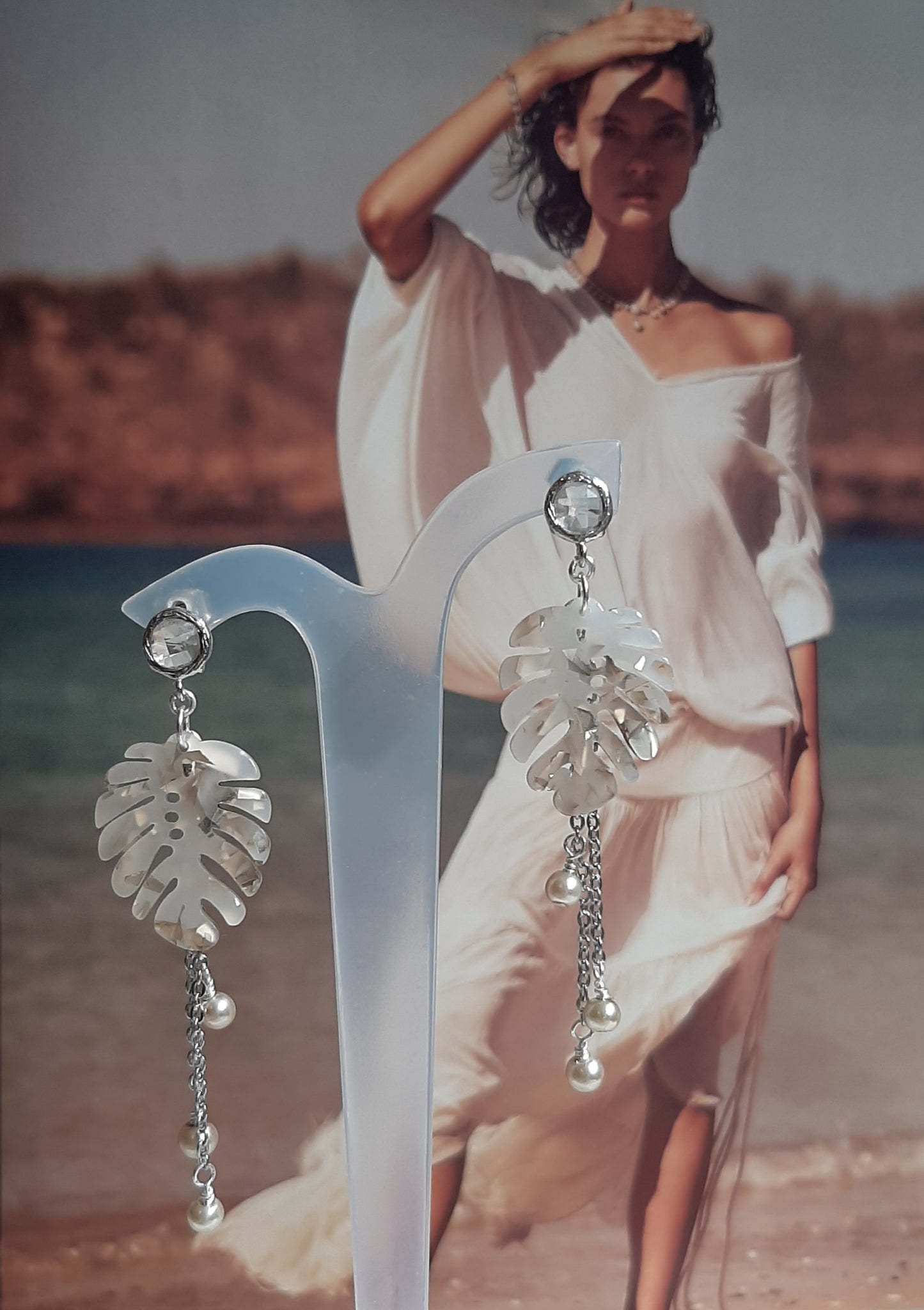 Monstera leaf, cascading pearls and silver tone round glass bead drop stud earrings