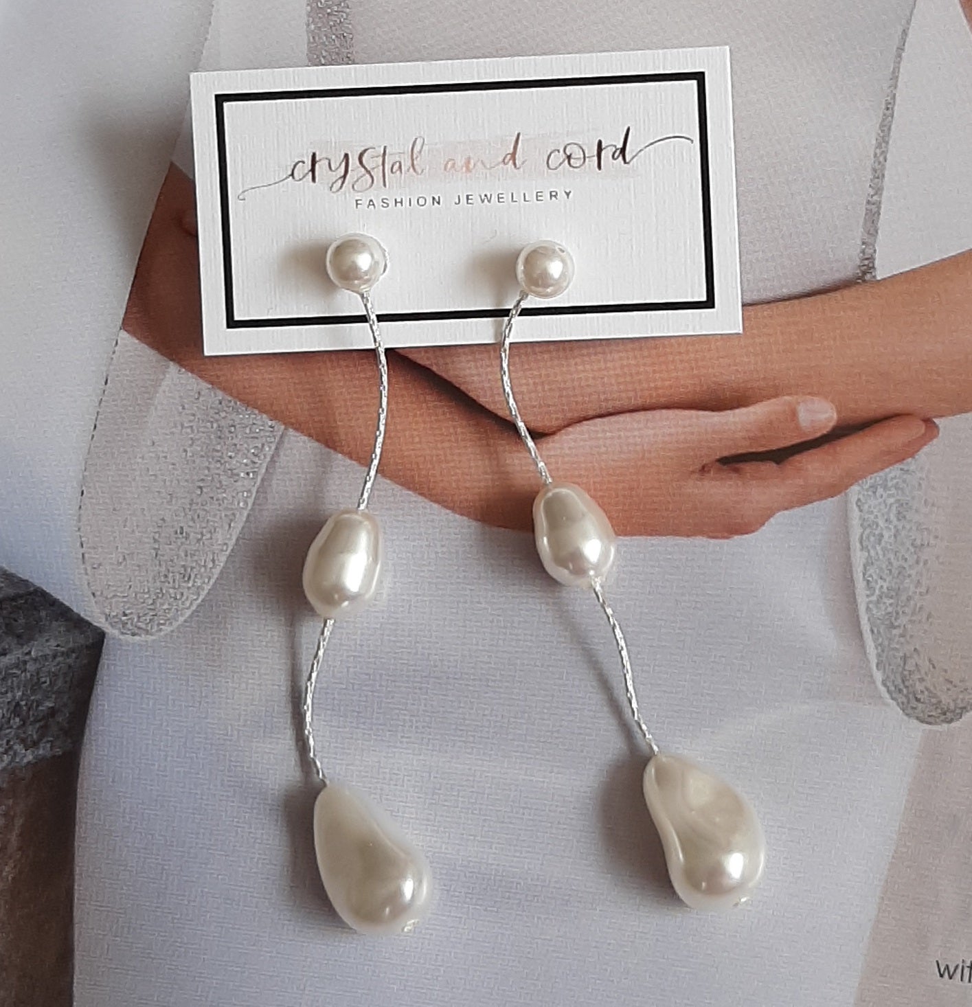 Samantha - Swarovski crystal pearls and sterling silver Boston chain thread cascading stud earrings and necklace